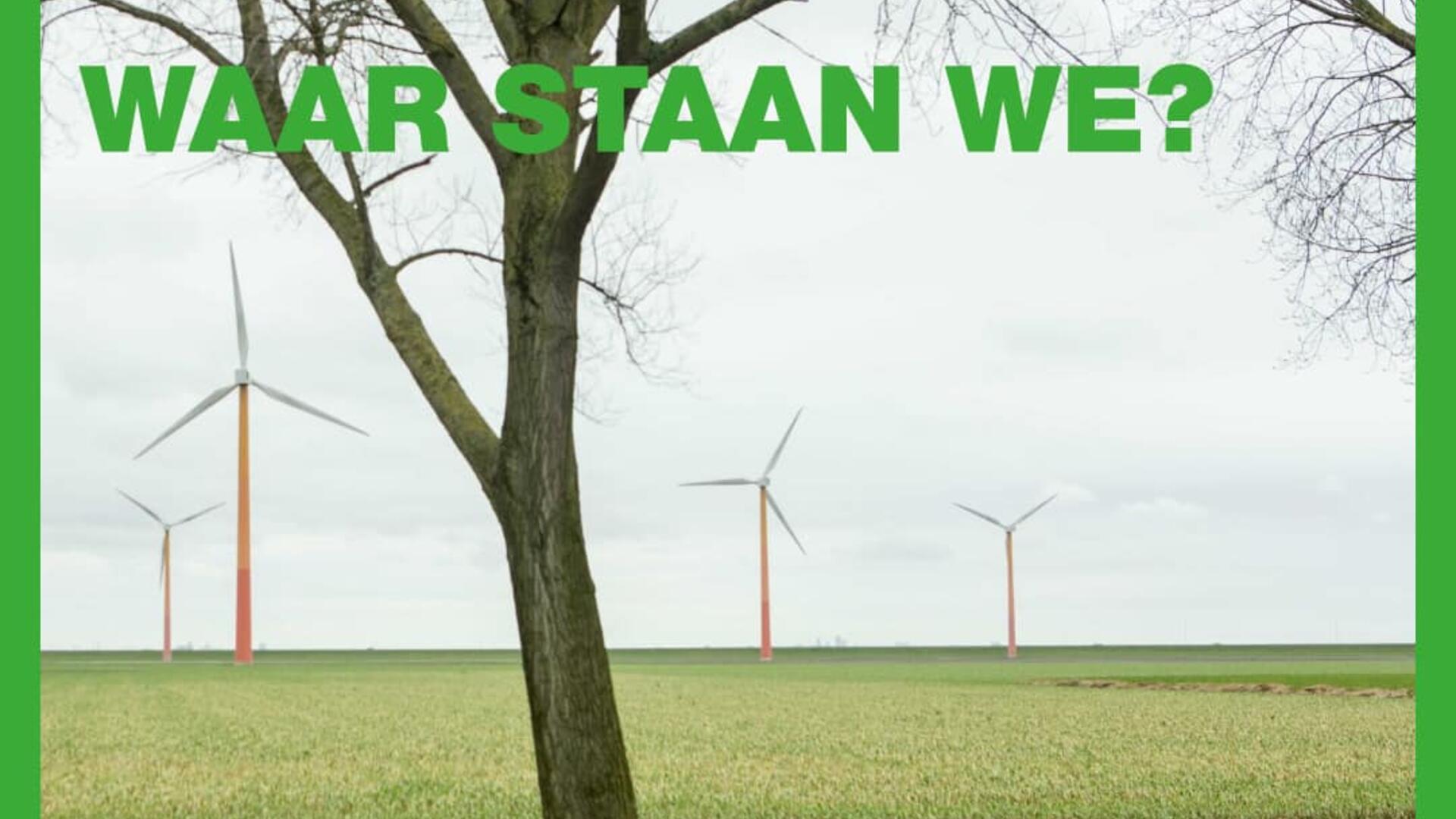 Foto van Windmolens, een groen veld en een boom.